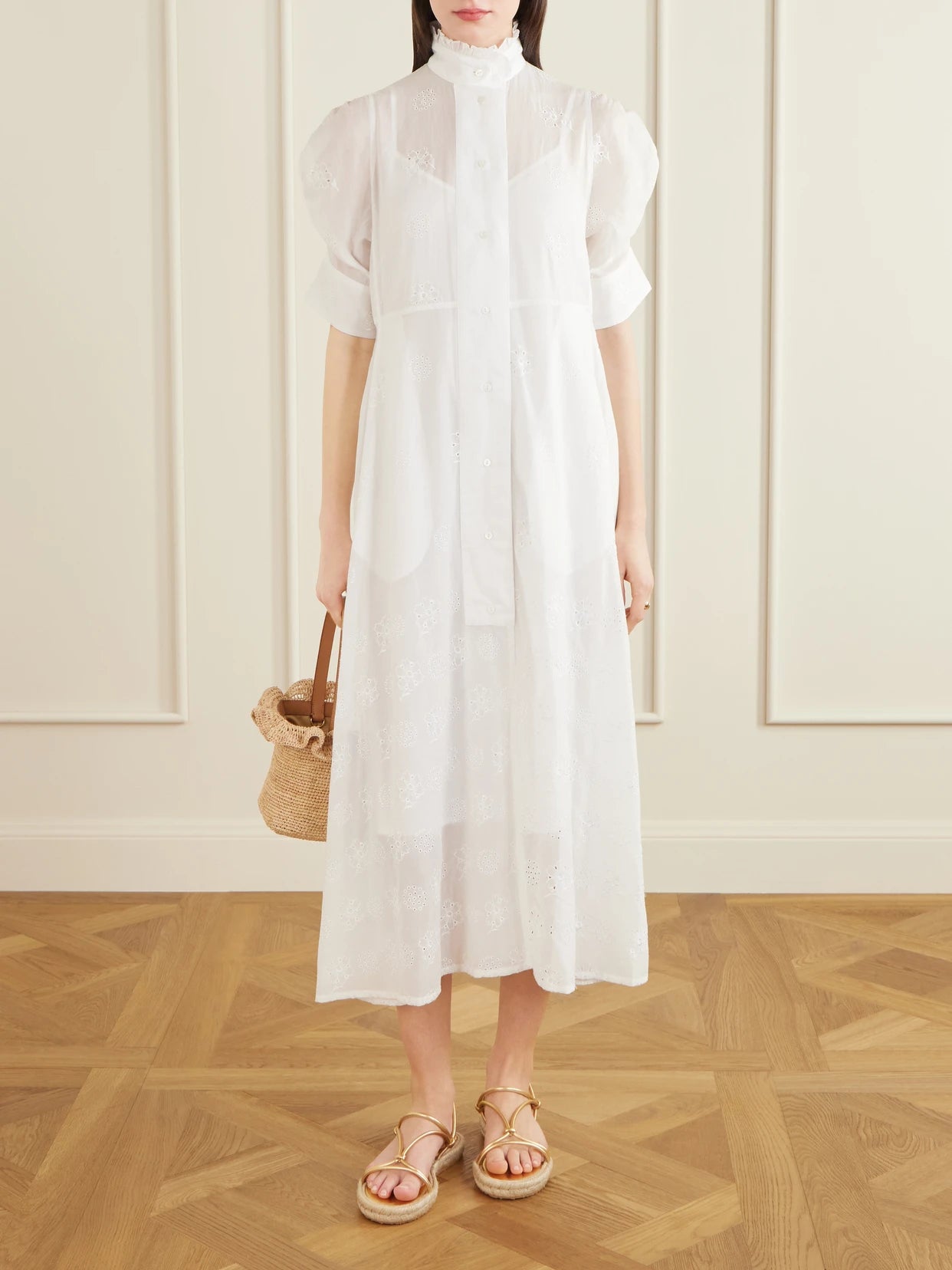 Image of Dresses. Product name - Venetia Ruffled Broderie Anglaise Cotton Midi Dress in Off-white colour by brand - Thierry Colson