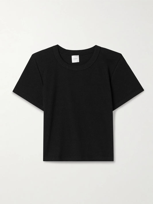Image of a model wearing Tops. Product name - Kelly Cropped Ribbed Stretch-cotton Jersey T-shirt in Black colour by brand - LESET