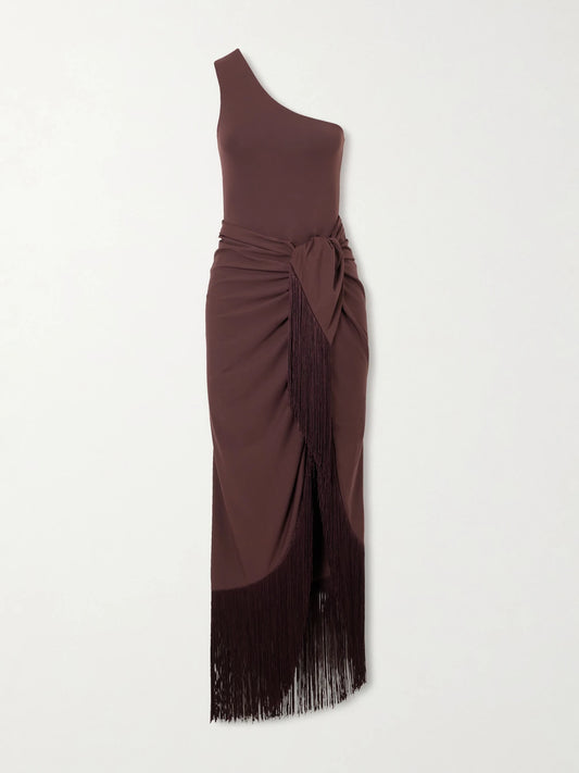Image of Swimwear. Product name - Rhodes One-shoulder Swimsuit And Fringed Pareo Set in Brown colour by brand - Taller Marmo