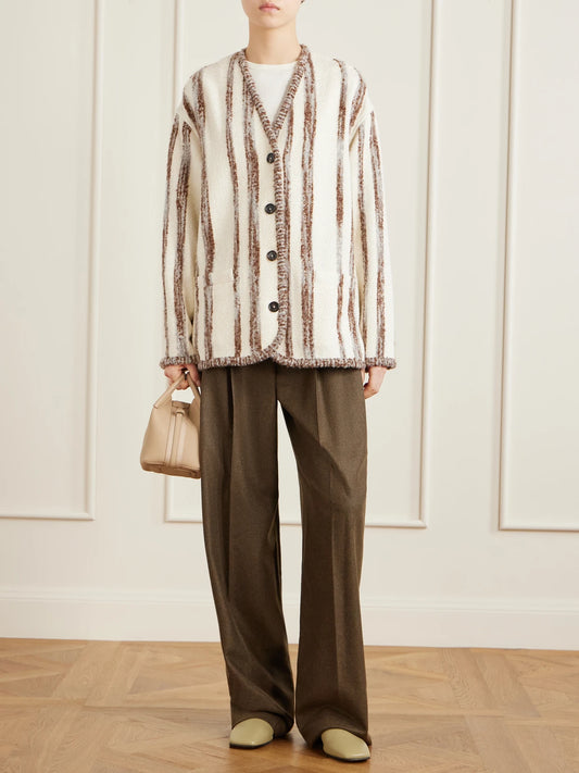 Image of Coats & Jackets. Product name - Wave Guava Striped Bouclé Jacket in Light brown colour by brand - Loro Piana