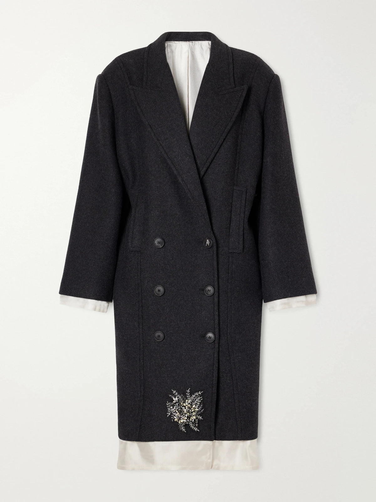 The Attico Double-breasted Crystal-embellished Satin-trimmed Wool-blend Twill Coat