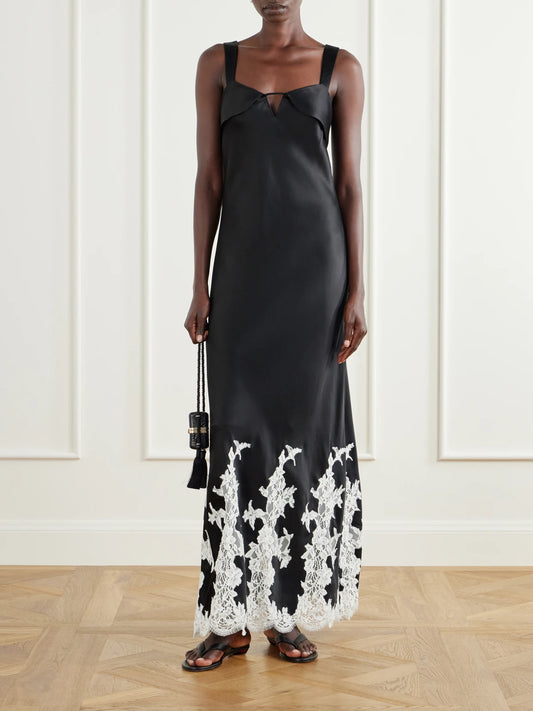 Image of Dresses. Product name - Lea Lace-trimmed Satin Maxi Dress in Black colour by brand - SIMKHAI