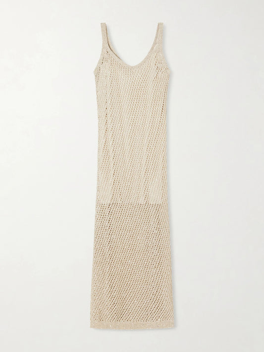 Image of Dresses. Product name - Sequined Crocheted Maxi Dress in Beige colour by brand - Brunello Cucinelli