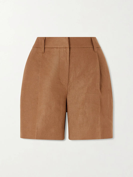 Image of a model wearing Shorts. Product name - Pleated Linen-twill Shorts in Brown colour by brand - Brunello Cucinelli