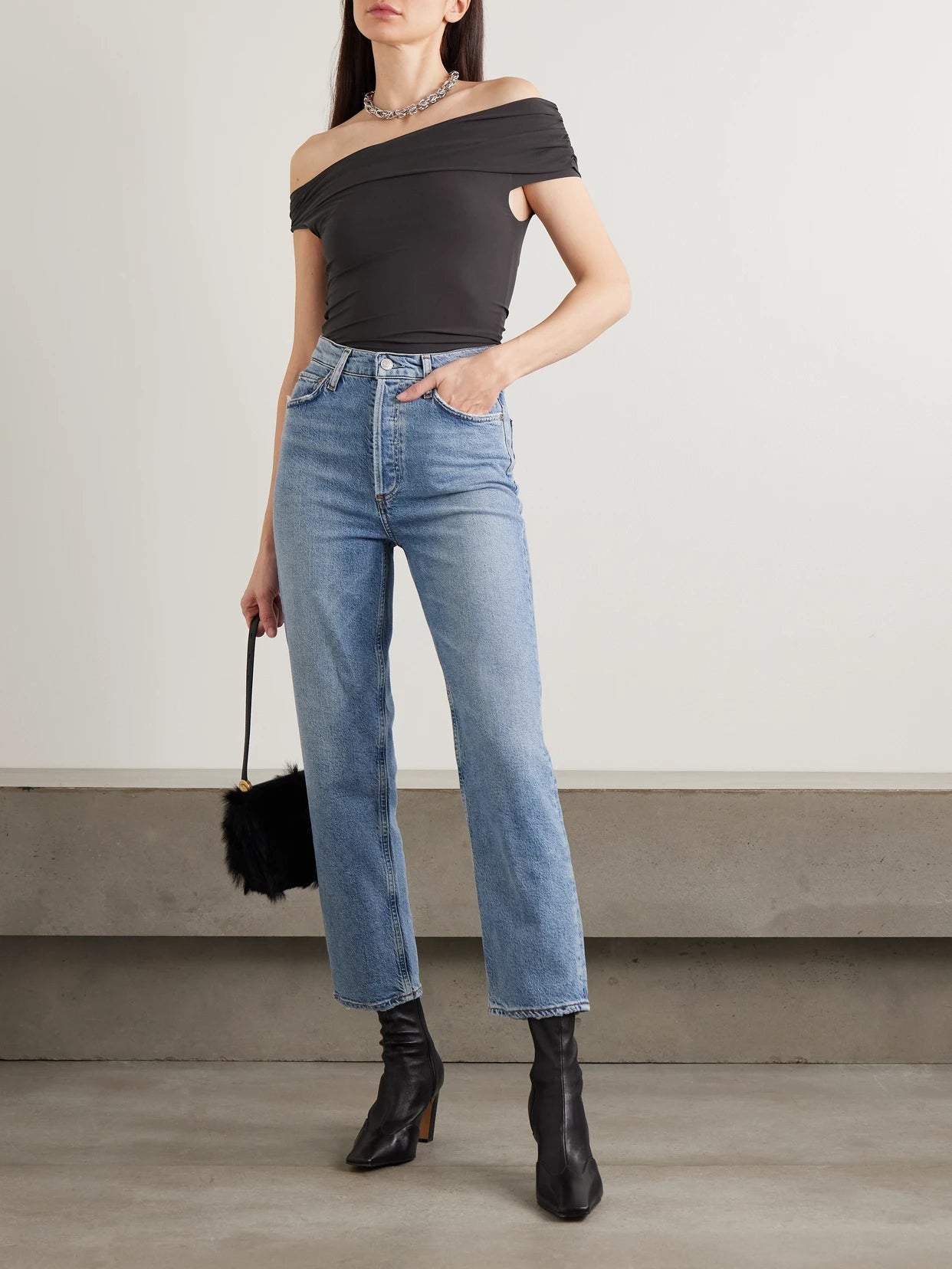 Image of Jeans. Product name - '90s Pinch Waist Cropped Distressed Mid-rise Straight-leg Jeans in Light denim colour by brand - AGOLDE