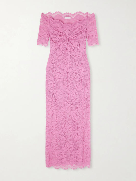 Image of Dresses. Product name - Off-the-shoulder Scalloped Lace Midi Dress in Pink colour by brand - RABANNE