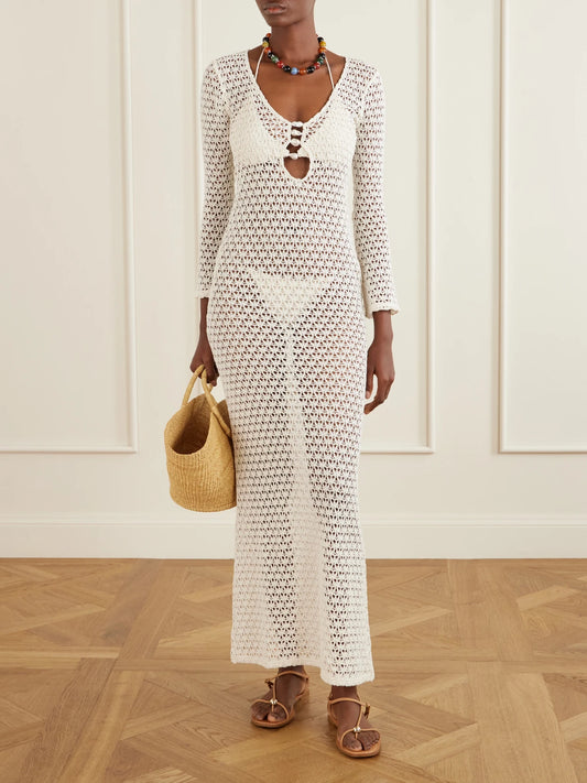 Image of Swimwear. Product name - Marina Pearl-embellished Crocheted Cotton Coverup in Ecru colour by brand - Sara Cristina
