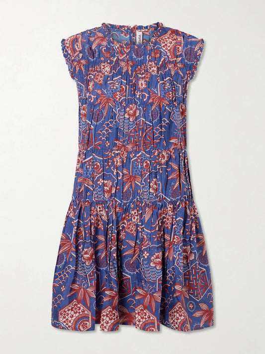 Image of Dresses. Product name - Jule Delft Shirred Floral-printed Cotton And Silk-blend Mini Dress in Multi colour by brand - ALIX OF BOHEMIA