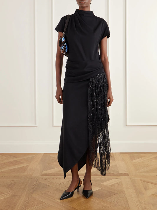 Image of Dresses. Product name - Effie Bead-embellished Crepe Midi Dress in Black colour by brand - STAUD