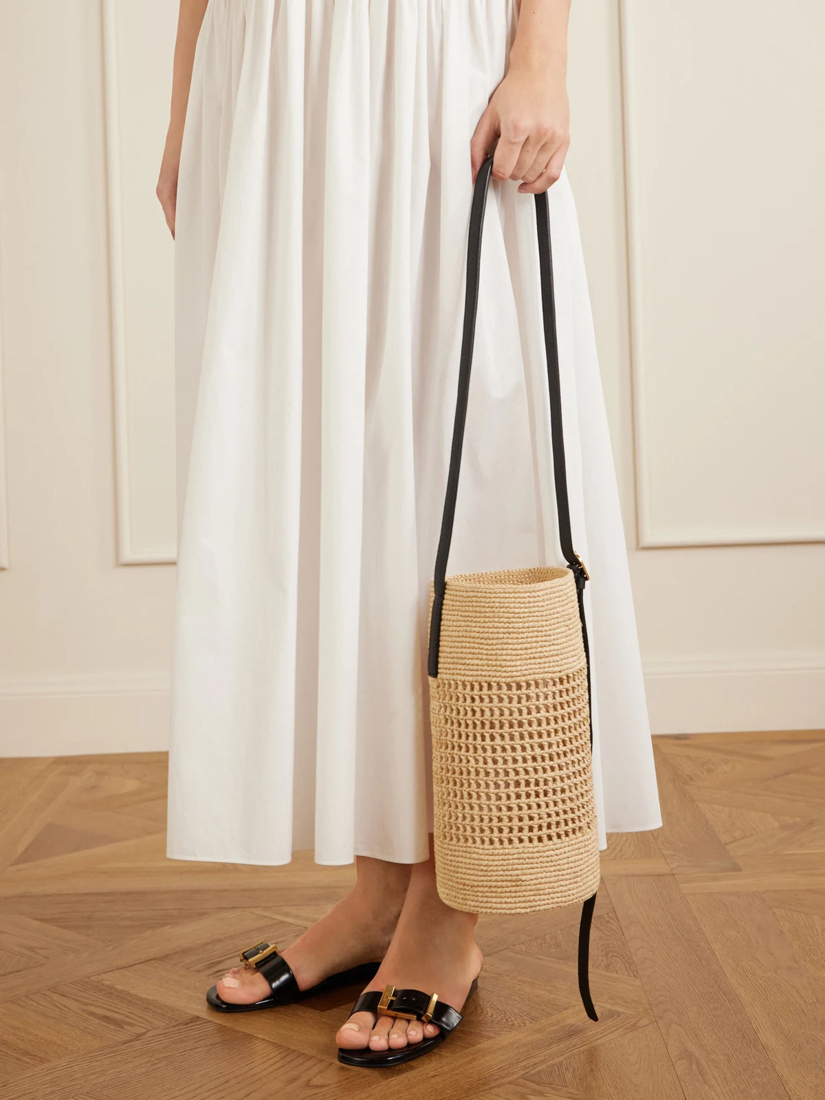 Image of Bags. Product name - Billie Small Leather-trimmed Raffia Bucket Bag in Multi colour by brand - KHAITE