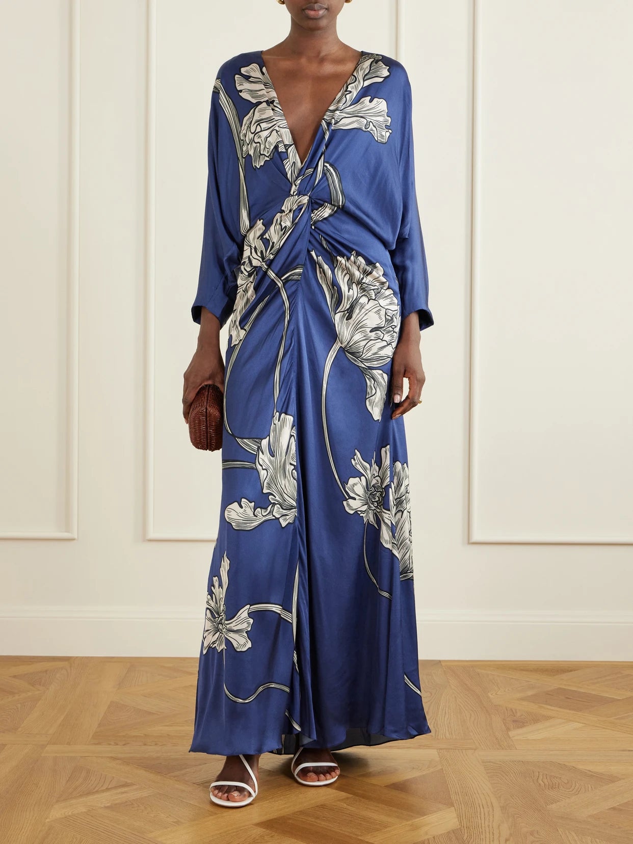 Image of Dresses. Product name - Olanna Printed Gathered Cotton Maxi Dress in Navy colour by brand - Andres Otalora