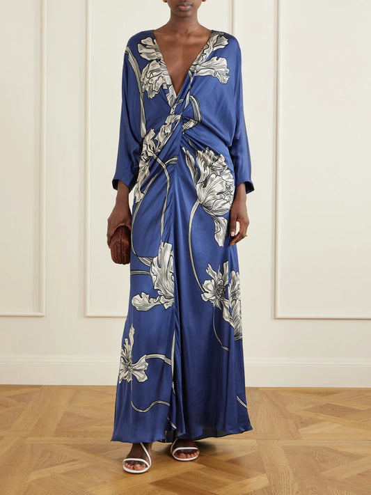 Image of Dresses. Product name - Olanna Printed Gathered Cotton Maxi Dress in Navy colour by brand - Andres Otalora