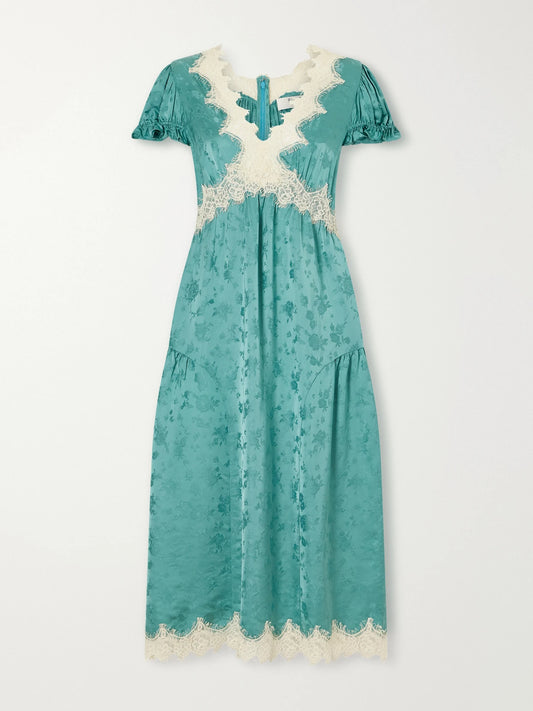 Sea Shay Gathered Lace-trimmed Floral-jacquard Midi Dress