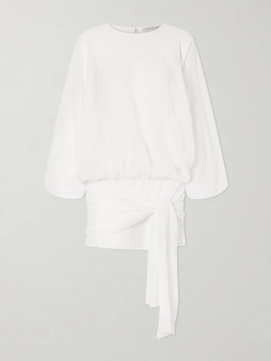 Image of Dresses. Product name - Porto Tie-detailed Gathered Cotton-voile Mini Dress in White colour by brand - Christopher Esber