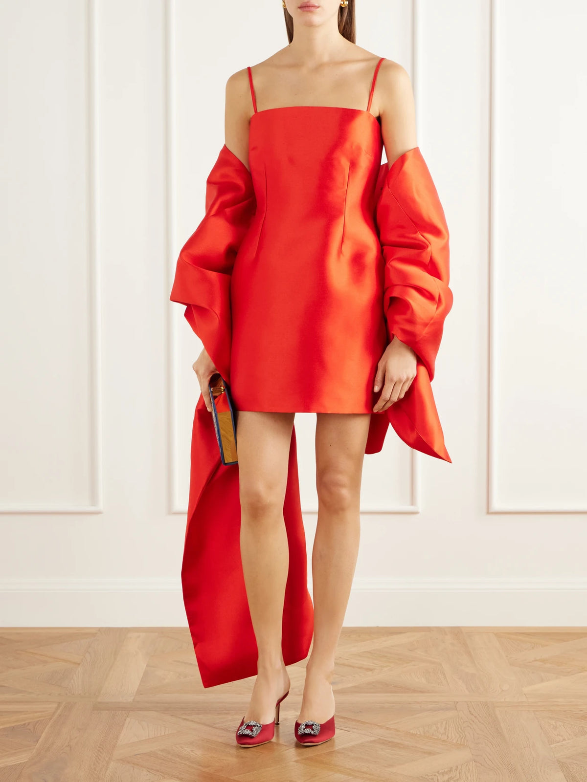 Image of Dresses. Product name - Bessette Shawl-detail Satin-twill Mini Dress in Red, White colour by brand - Solace London