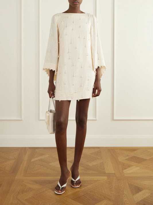 Image of Dresses. Product name - Lo Aprendido Embellished Linen Mini Dress in Ivory colour by brand - Andres Otalora