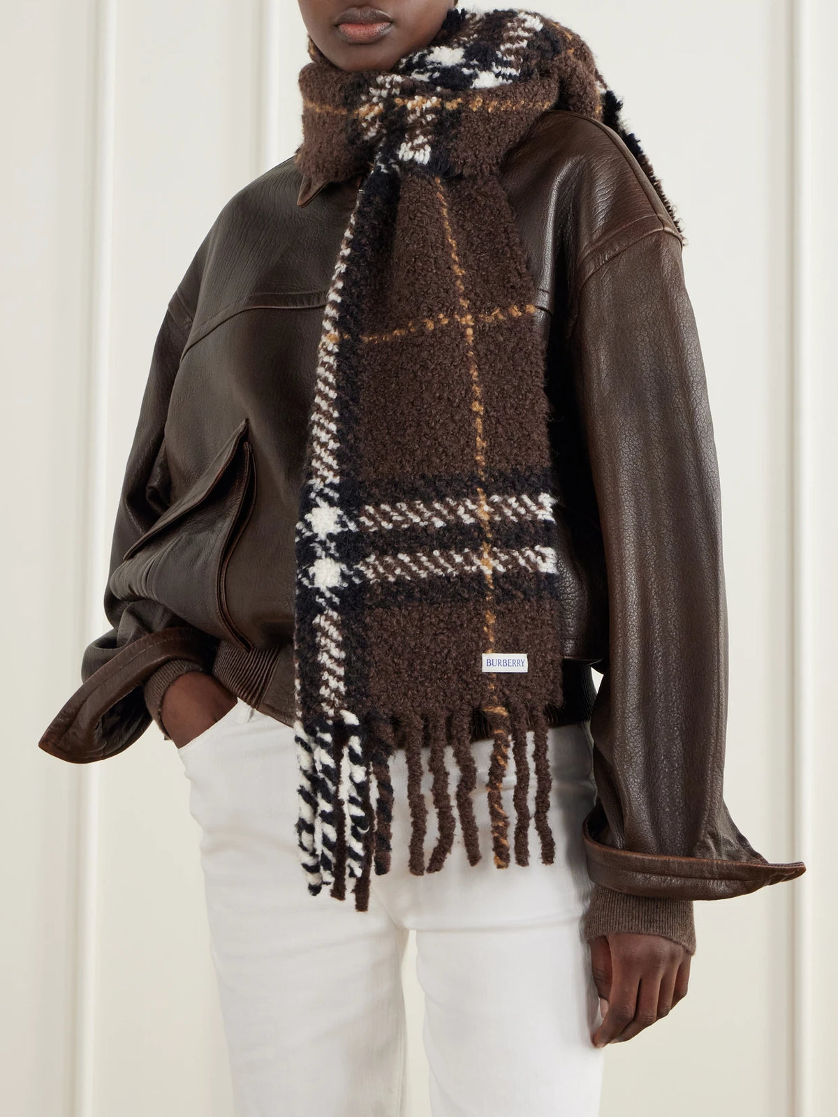 Image of Scarves & Shawls. Product name - Fringe-detail Alpaca And Wool-blend Bouclé Scarf in Dark brown colour by brand - Burberry