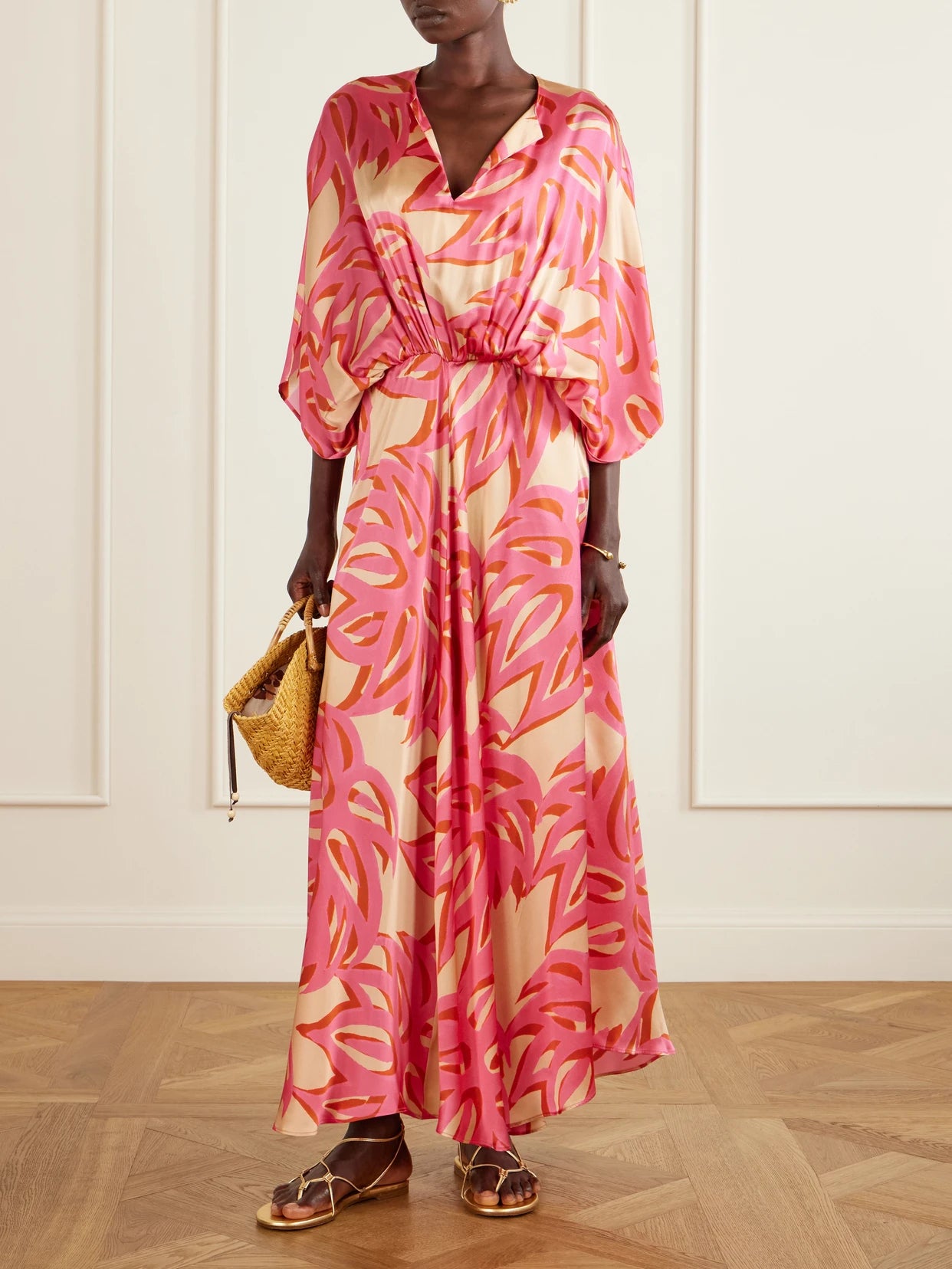 Image of Dresses. Product name - Ismene Printed Silk-satin Maxi Dress in Pink colour by brand - Themis Z