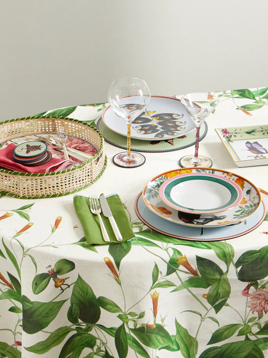 Image of Tableware. Product name - + Beto Val Large Printed Linen Tablecloth in Green colour by brand - La DoubleJ