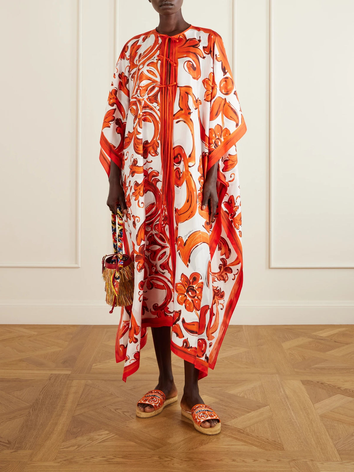 Image of Dresses. Product name - Maiolica Printed Silk Maxi Dress in Orange colour by brand - Dolce & Gabbana