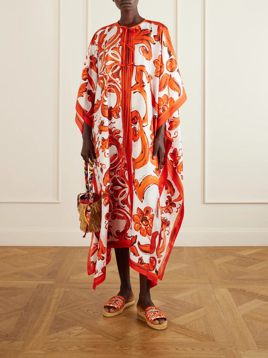 Image of Dresses. Product name - Maiolica Printed Silk Maxi Dress in Orange colour by brand - Dolce & Gabbana