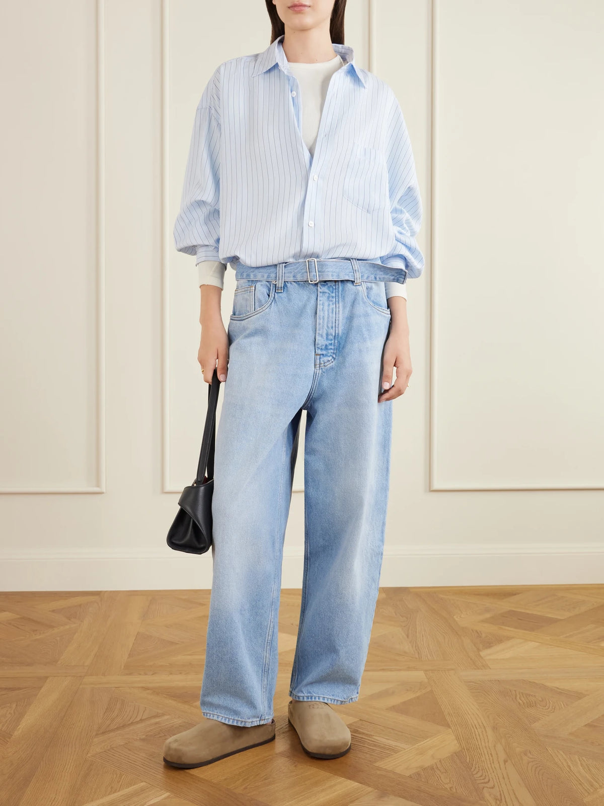 Image of Jeans. Product name - Cahuin Belted Mid-rise Wide-leg Jeans in Light denim colour by brand - Studio Nicholson