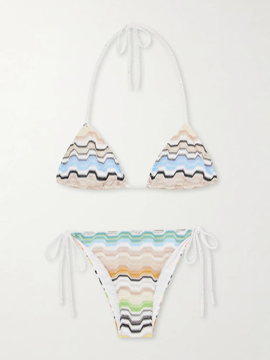 Image of Swimwear. Product name - Mare Striped Metallic Crochet-knit Triangle Bikini in Multi colour by brand - Missoni