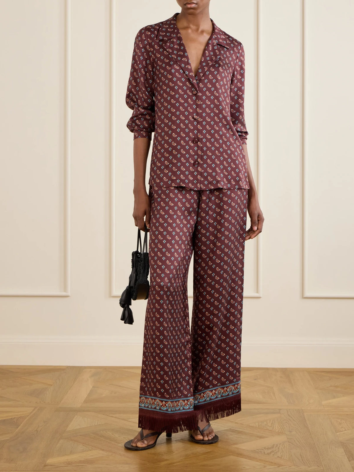 Image of Outfit Sets. Product name - Lavon Fringed Printed Silk-blend Satin Wide-leg Pants in Merlot colour by brand - DÔEN