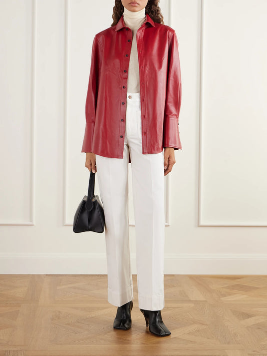 Image of a model wearing Tops. Product name - Leather Shirt in Red colour by brand - Co
