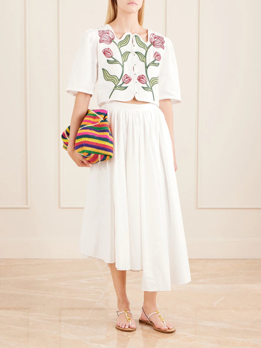 Image of a model wearing Tops. Product name - Floral-embroidered Cropped Linen Top in Off-white colour by brand - Farm Rio