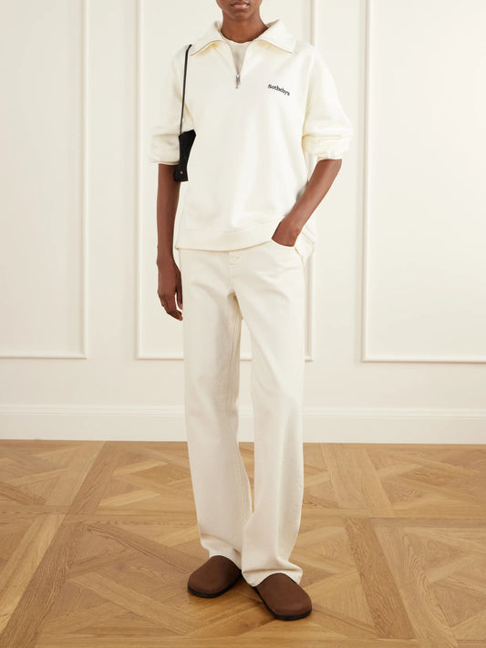 Image of a model wearing Tops. Product name - + Sotheby's Cotton-jersey Half-zip Sweatshirt in Cream colour by brand - FRAME