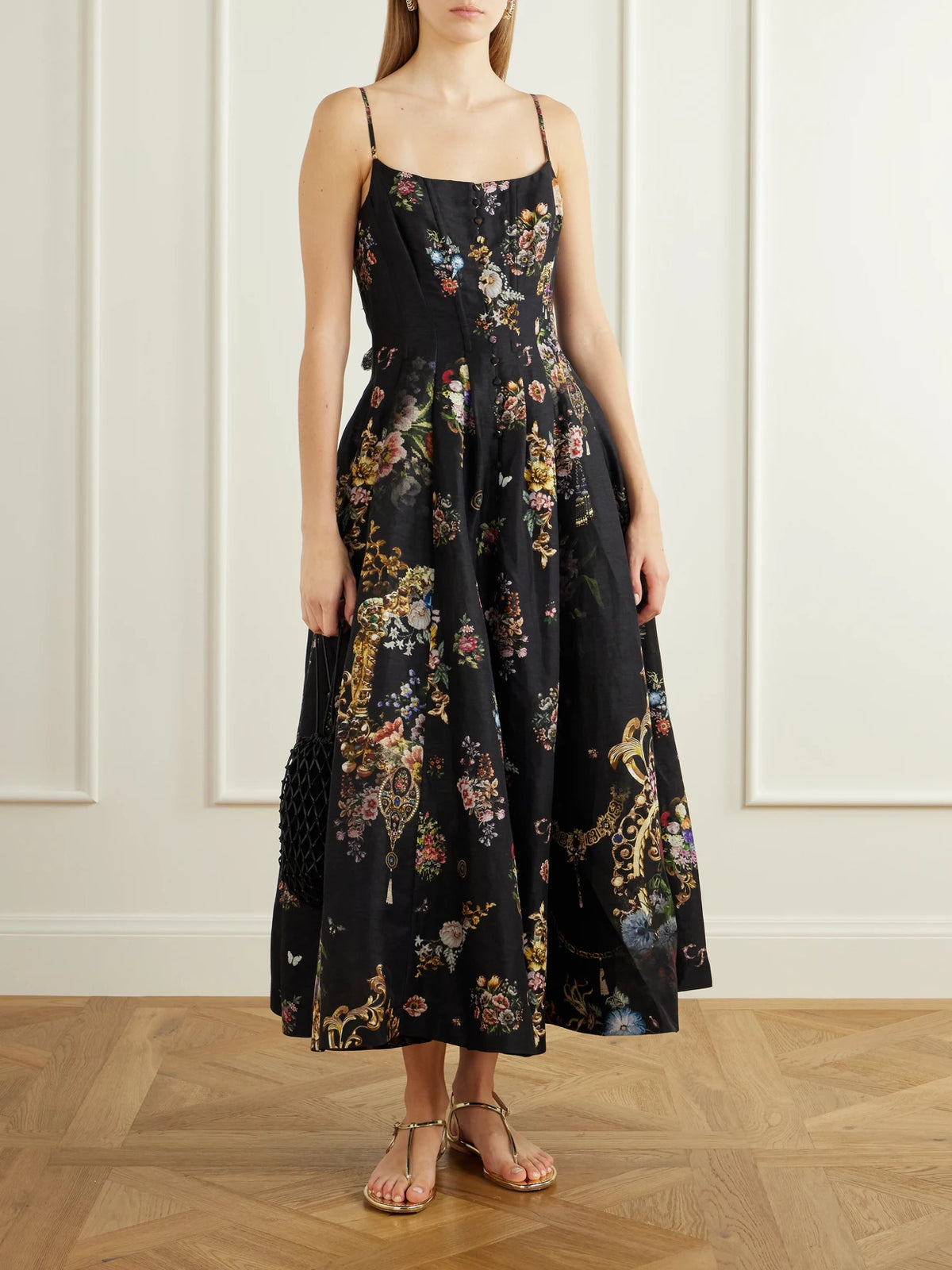 Image of Dresses. Product name - Flamenco Folklore Floral-print Linen And Silk-blend Dupioni Midi Dress in Multi colour by brand - Camilla
