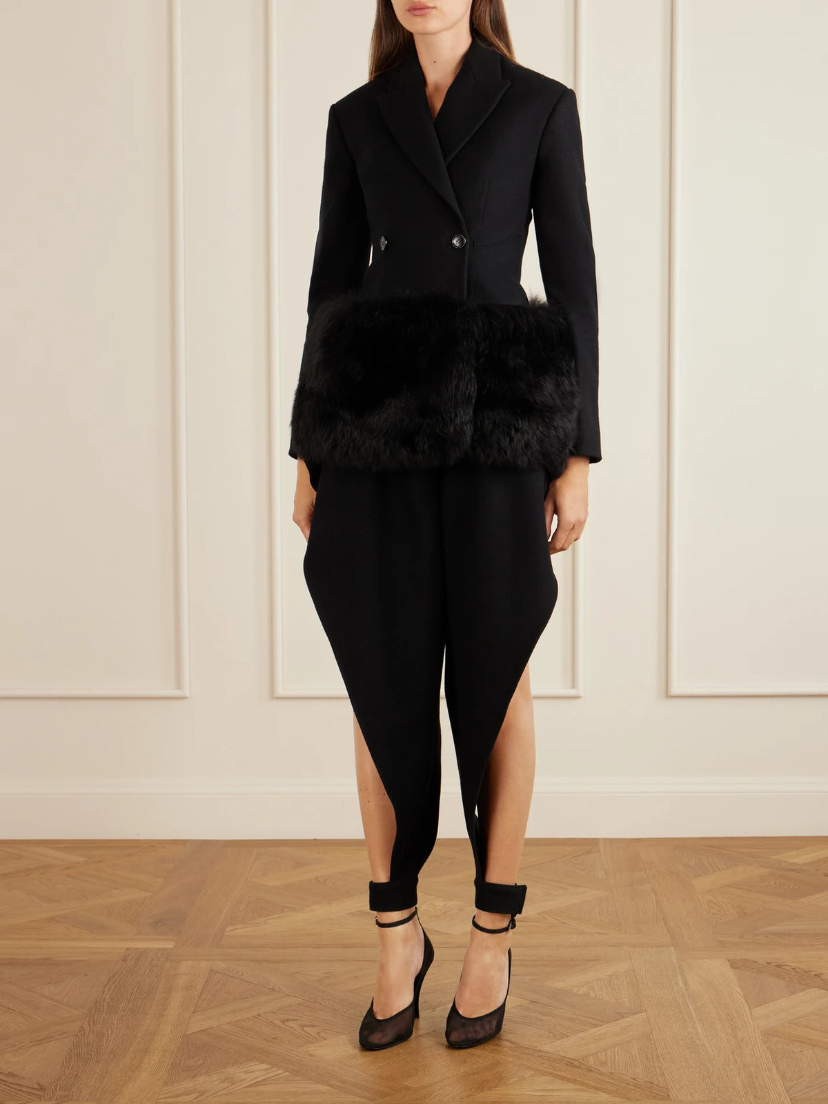 Image of Coats & Jackets. Product name - Double-breasted Shearling-trimmed Wool Blazer in Black colour by brand - Alaïa