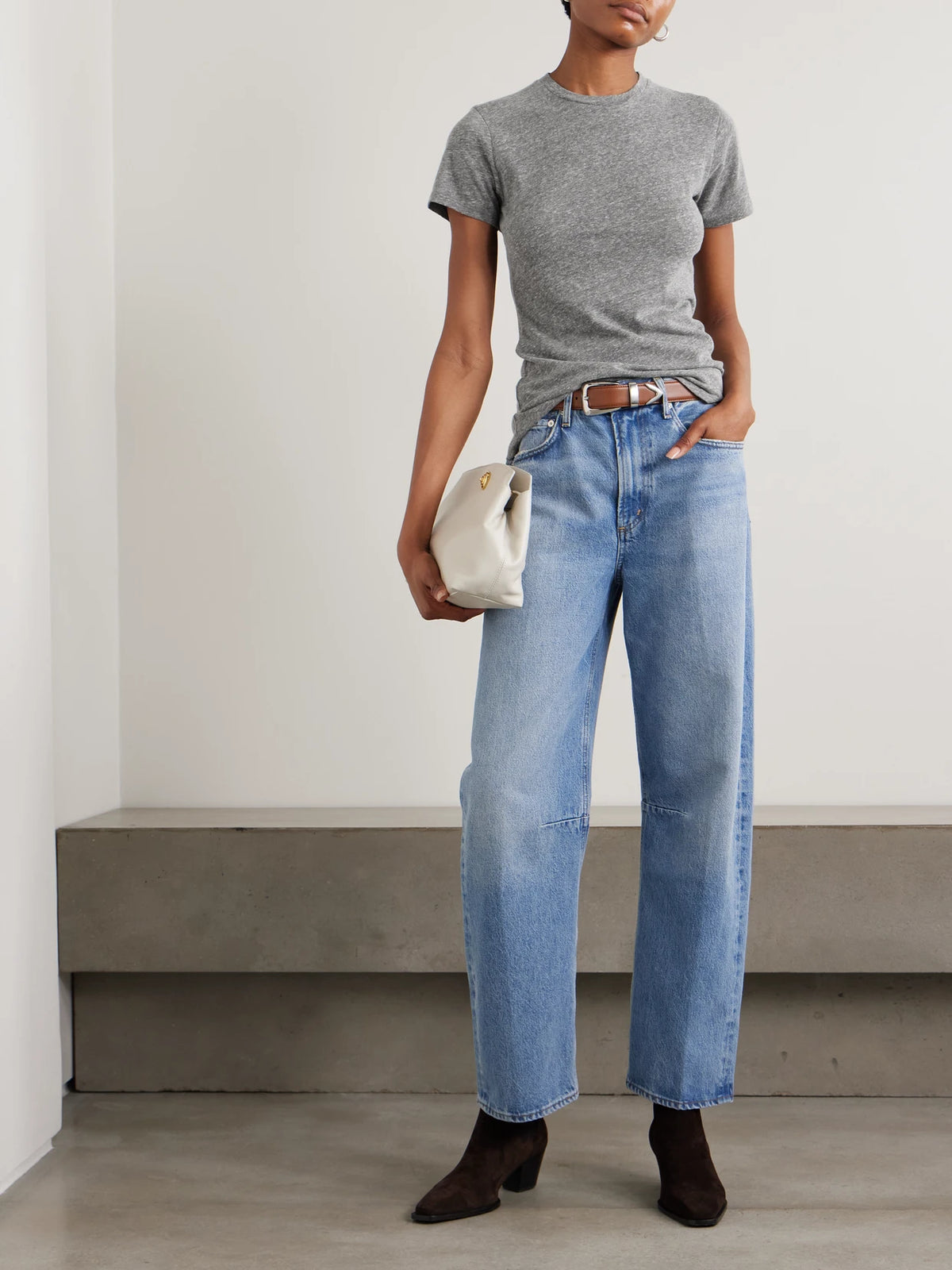 Image of a model wearing Tops. Product name - Lana Jersey T-shirt in Gray colour by brand - Nili Lotan
