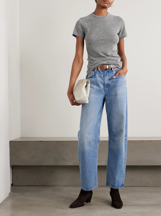 Image of a model wearing Tops. Product name - Lana Jersey T-shirt in Gray colour by brand - Nili Lotan