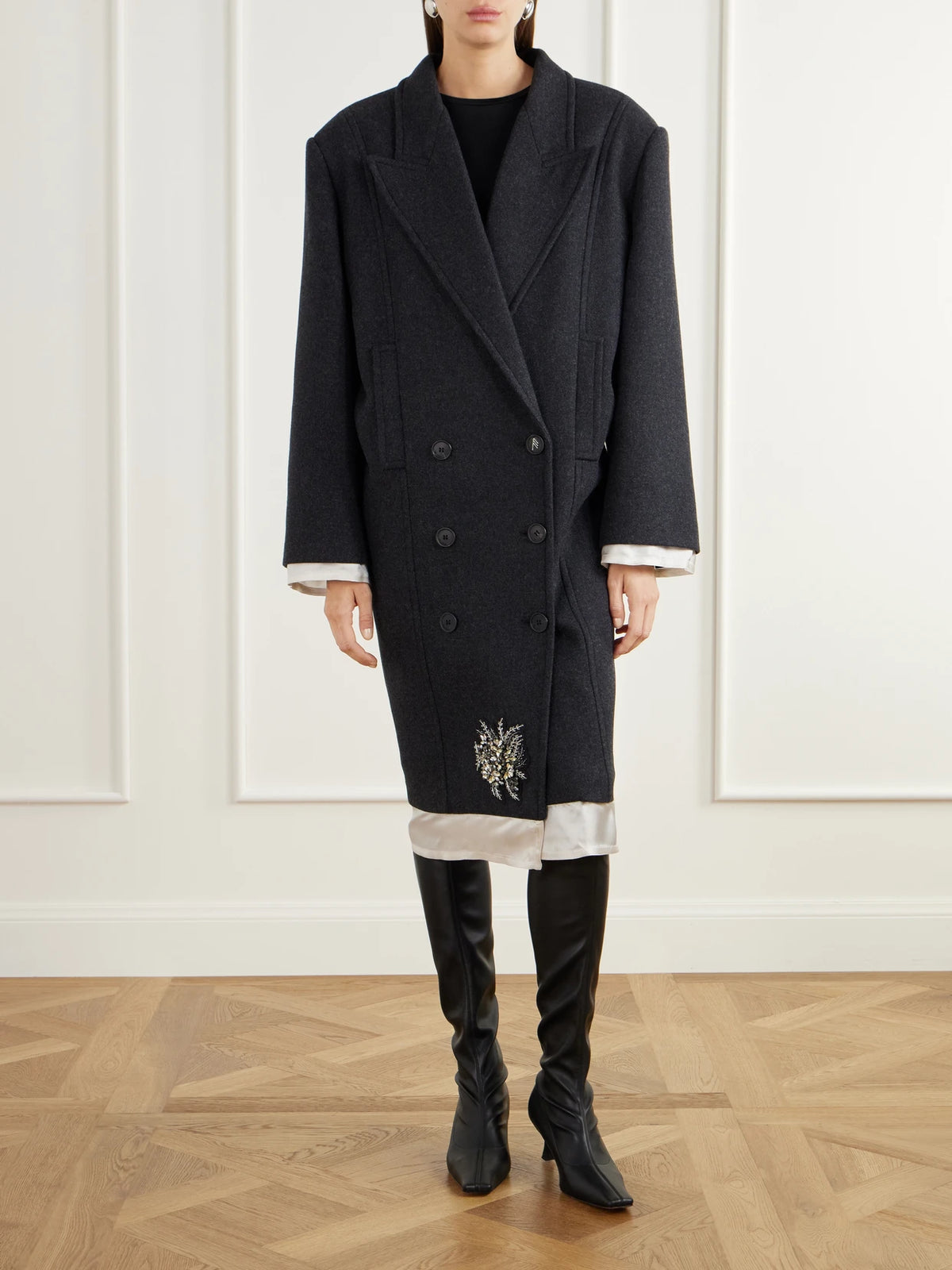 The Attico Double-breasted Crystal-embellished Satin-trimmed Wool-blend Twill Coat