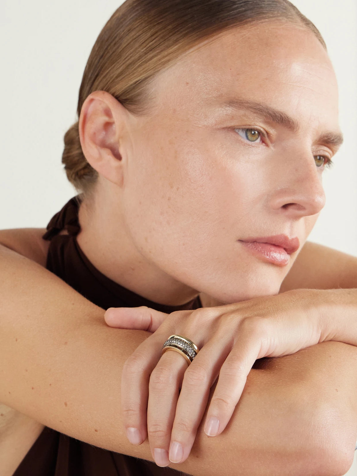 Image of Rings. Product name - Set Of Three 14-karat Recycled Gold, Champagne Diamond And Smoky Quartz Rings in Brown colour by brand - By Pariah