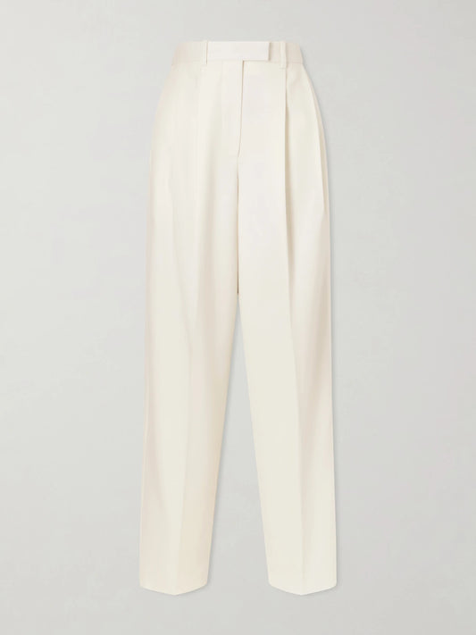 Image of a model wearing Pants. Product name - Pleated Grain De Poudre Wool And Mohair-blend Wide-leg Pants in White colour by brand - Givenchy