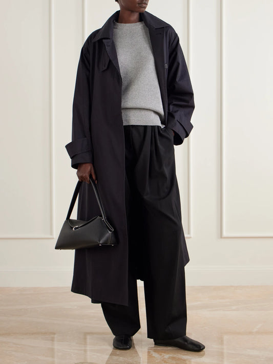 Image of a model wearing Outerwear. Product name - Ladder Stitch Cashmere And Cotton-blend Sweater in Light gray colour by brand - Maria McManus