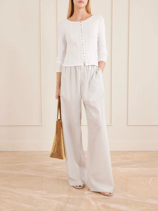Image of a model wearing Pants. Product name - Striped Silk And Cotton-blend Wide-leg Pants in White colour by brand - RÓHE