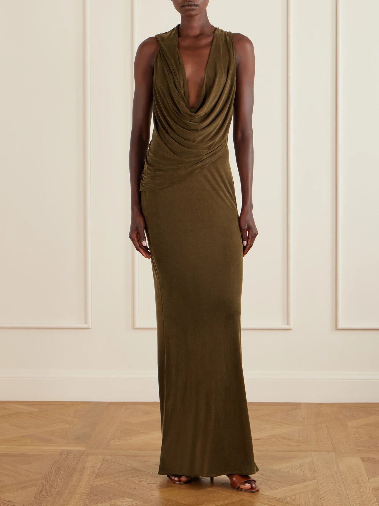 Image of Dresses. Product name - Draped Jersey Gown in Army green colour by brand - TOM FORD