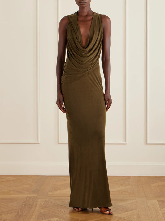 Image of Dresses. Product name - Draped Jersey Gown in Army green colour by brand - TOM FORD