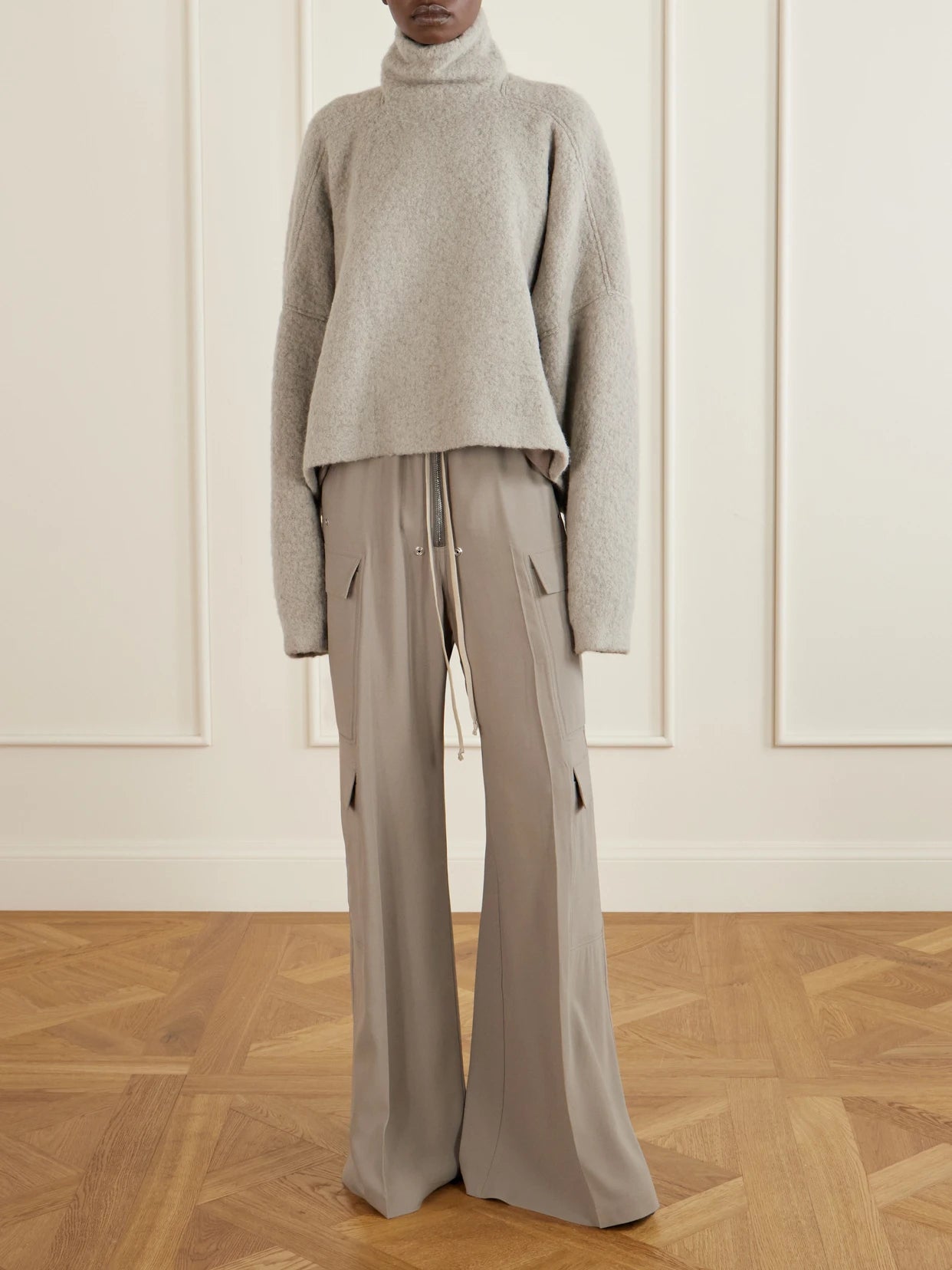 Image of a model wearing Outerwear. Product name - Jumbo Tabard Alpaca And Wool-blend Sweater in Gray colour by brand - Rick Owens
