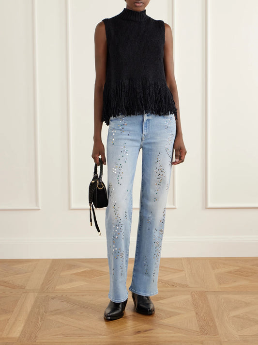 Image of Jeans. Product name - The Kick It Embellished High-rise Straight-leg Jeans in Light denim colour by brand - Mother