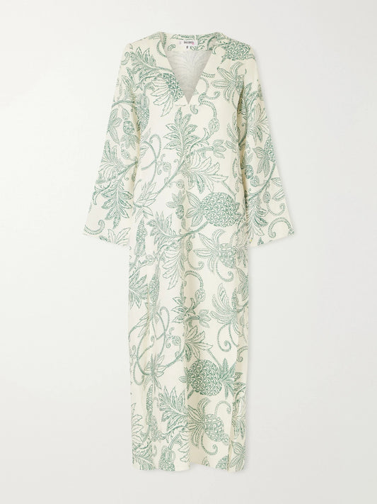 Image of Dresses. Product name - Theodora Printed Linen Maxi Dress in Green colour by brand - lemlem