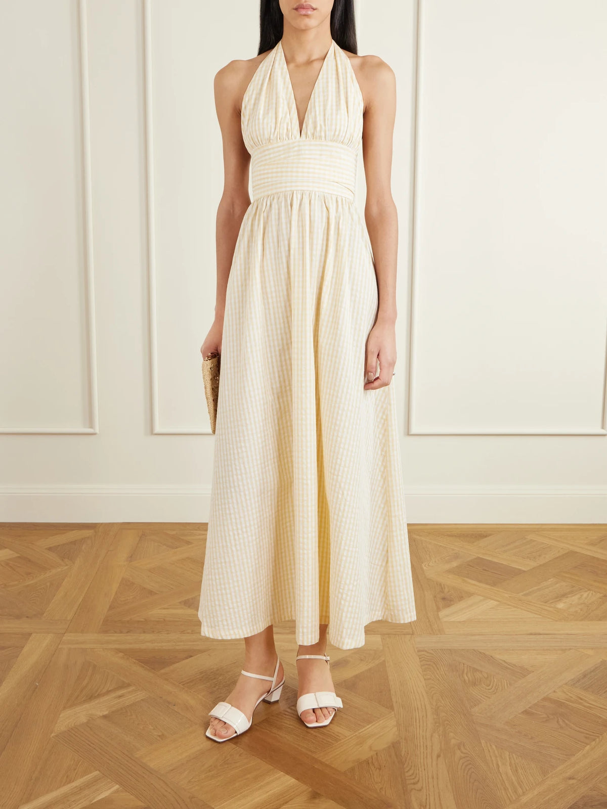 Image of Dresses. Product name - Lido Gathered Checked Cotton Halterneck Maxi Dress in Yellow colour by brand - Faithfull