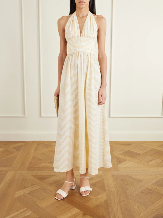 Image of Dresses. Product name - Lido Gathered Checked Cotton Halterneck Maxi Dress in Yellow colour by brand - Faithfull