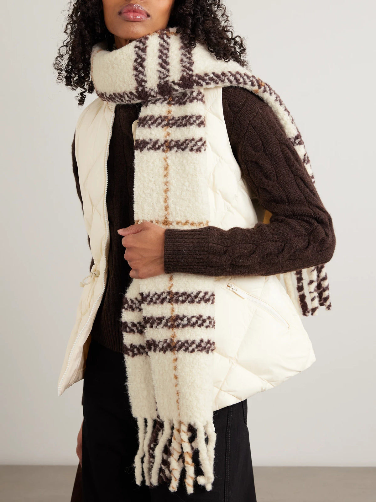 Image of Scarves & Shawls. Product name - Fringed Checked Alpaca-blend Bouclé Scarf in Ivory colour by brand - Burberry