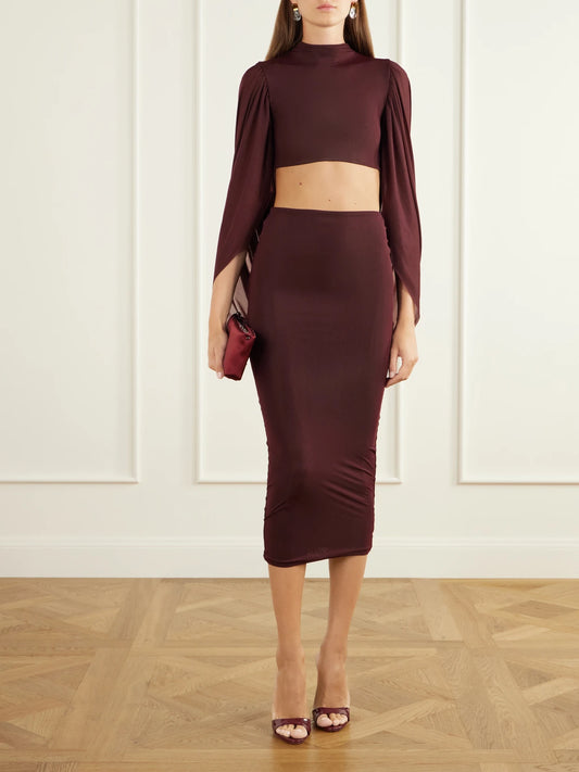 Image of Dresses. Product name - Apertura Cape-effect Chiffon-trimmed Jersey Top And Skirt Set in Burgundy colour by brand - Maygel Coronel