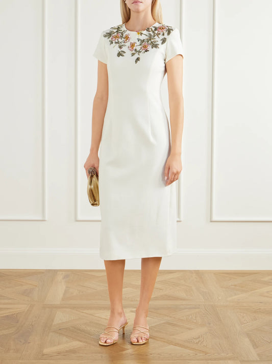 Image of Dresses. Product name - Floral-embellished Wool-blend Crepe Midi Dress in White colour by brand - Oscar de la Renta